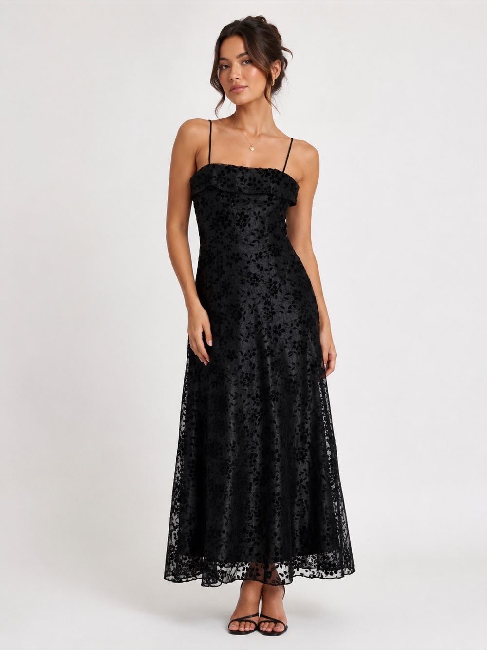 Vintage Night Way Collections Black Flocked Floral Mesh Maxi Dress